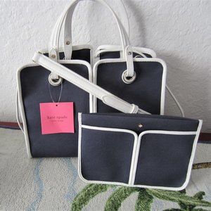 Kate Spade Sam Canvas Plunge Medium Satchel w/Matching Zip Pouch-Navy &White-NWT